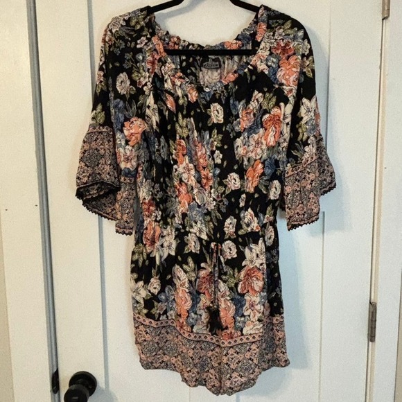 Angie Pants - Angie Festival Floral Romper Crochet Lace Trim‎ Bell Sleeve Off Shoulder M Boho